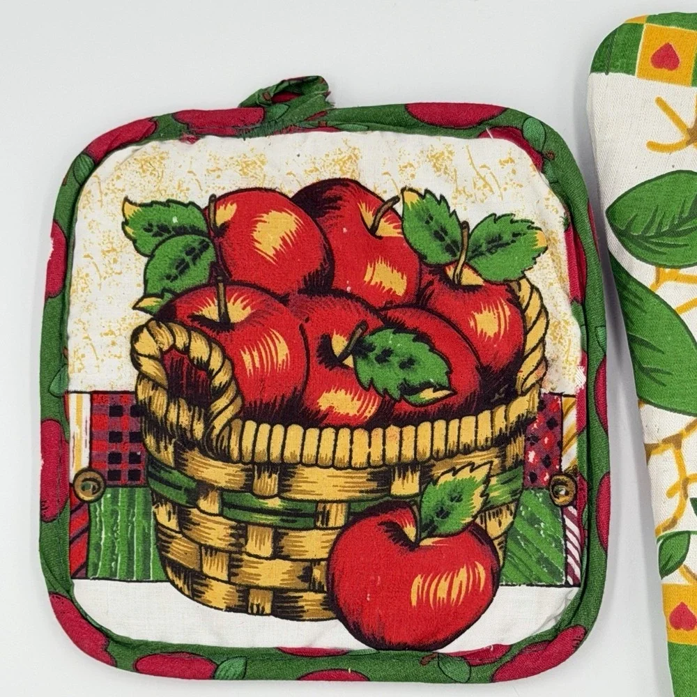 VTG Apple‎ Kitchen Oven Mitt Potholder Set Cottagecore Farmhouse Country 80s